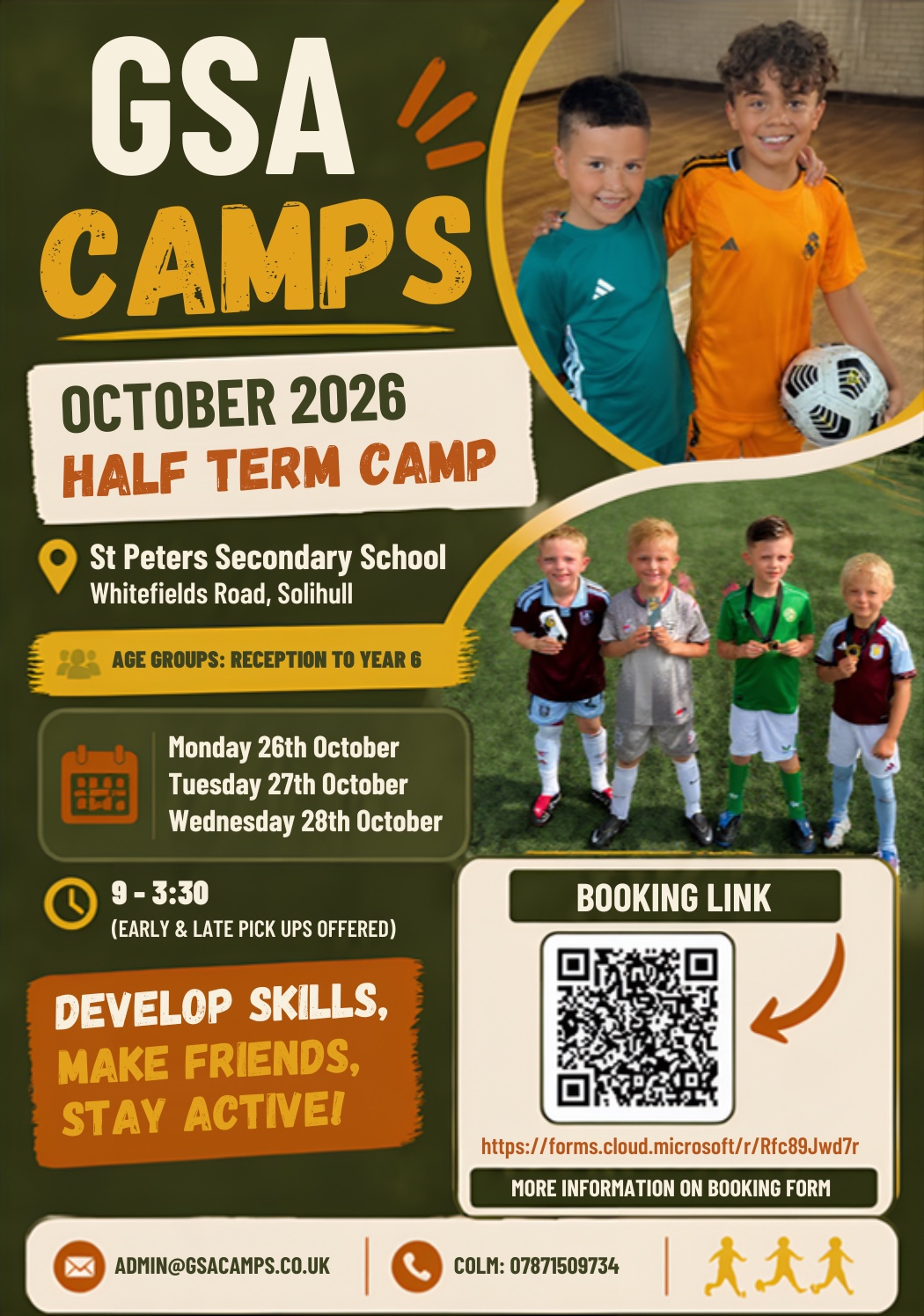 GSA Camps October 2026 half-term flyer, with camp dates, Reception to Year 6 age groups and contact details